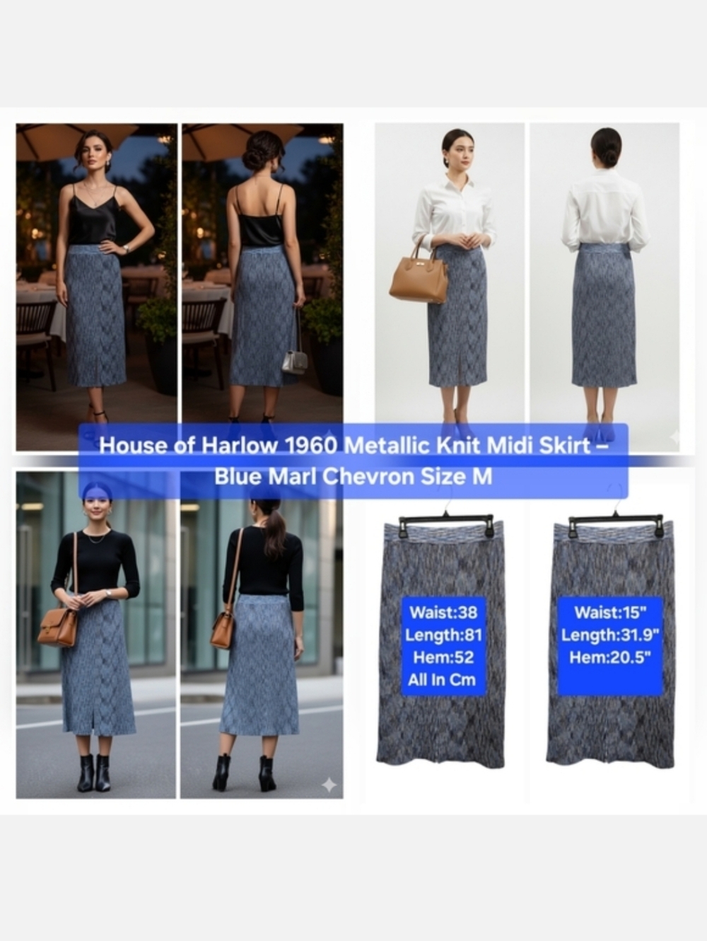 ​House of Harlow 1960 Metallic Knit Midi Skirt Blue Marl Chevron Size M